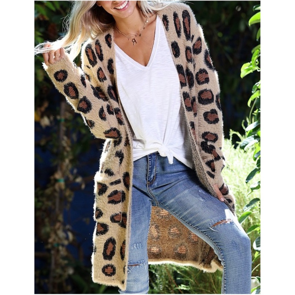 Cozy Fuzzy Leopard Print Open Front Pocket Cardigan